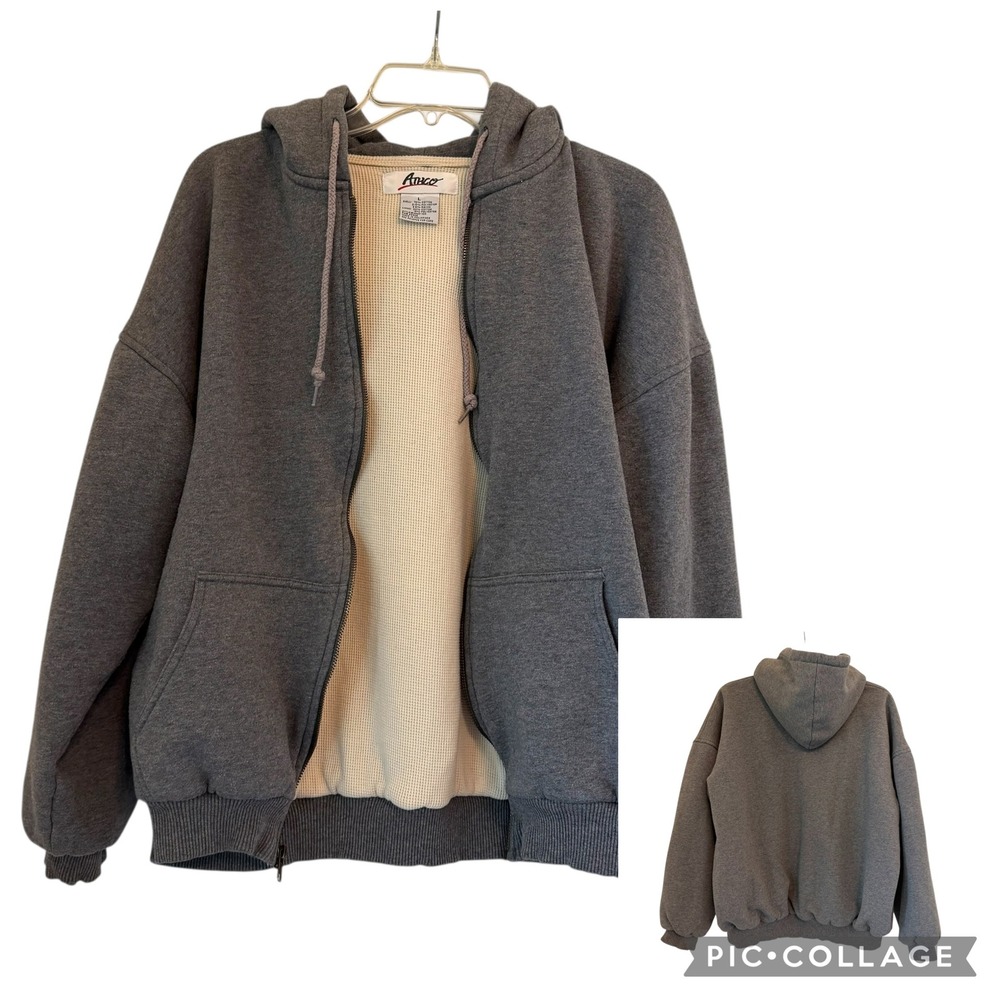Athco Hoodie VTG Gray Thermal Lined Zip Up Heavyweight Waffle Knit MMH-100 Large